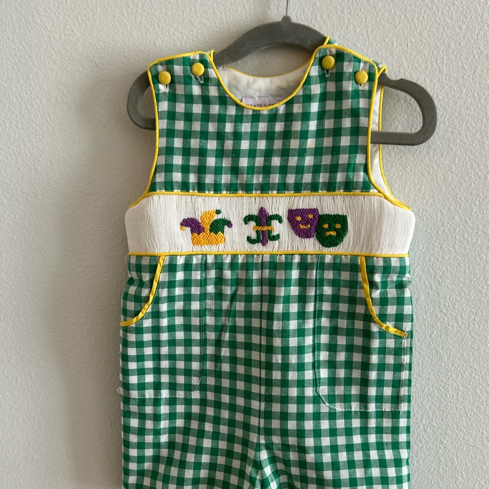 Pleats and Stitches 18mo Gingham Romper w/ Embroidered Mardi Gras Motifs